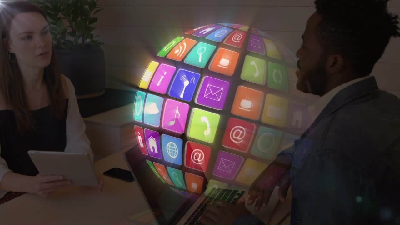Animation of globe formed with icons over business people