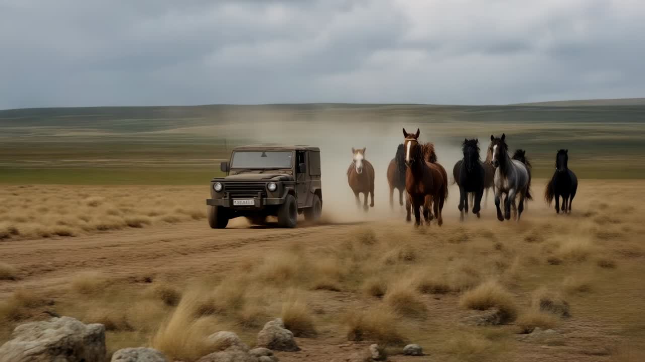 Mandria di cavalli al galoppo in fuga da una jeep su una pista sterrata attraverso una pianura di erba secca, che sollevano polvere