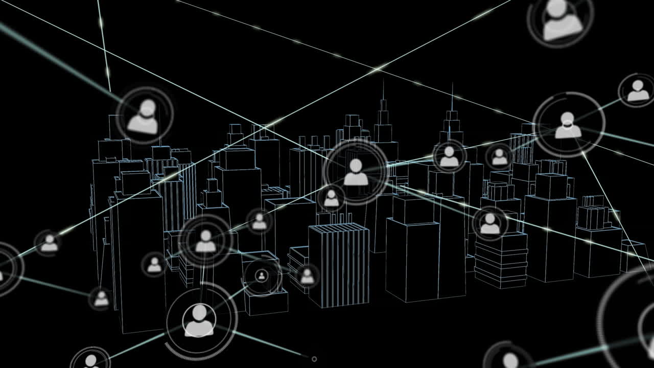 Animation of network of connections with icons over 3d city drawing on black background