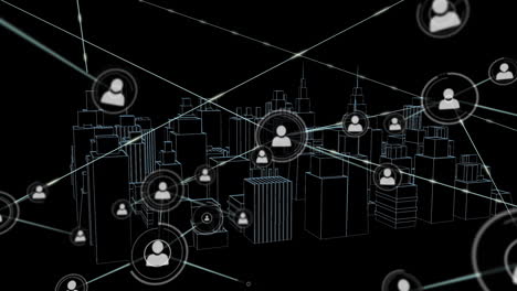 animation of network of connections with icons over 3d city drawing on black background