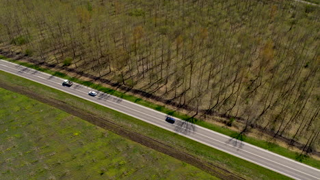 Traffic-on-the-road-through-wooded-landscape,-aerial-view