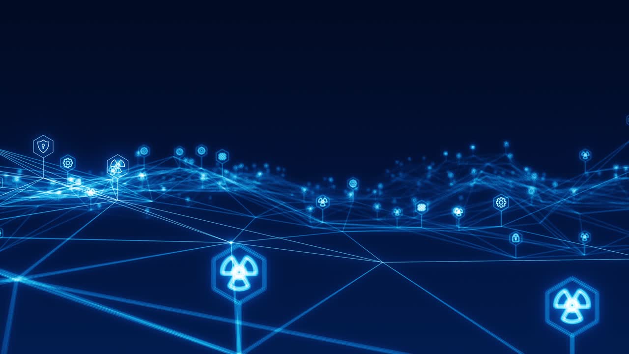 gráfico de movimiento de azul icono de seguridad futurista y línea vinculada tecnología de conexión de red concepto de fondo abstracto cámara zoom video de bucle sin costuras