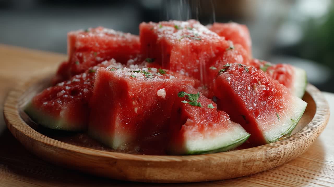 Freshly Cut Watermelon Cubes Served on a Wooden Plate, Garnished with Salt and Herbs, Perfect for a Summer Snack or Refreshing Dessert