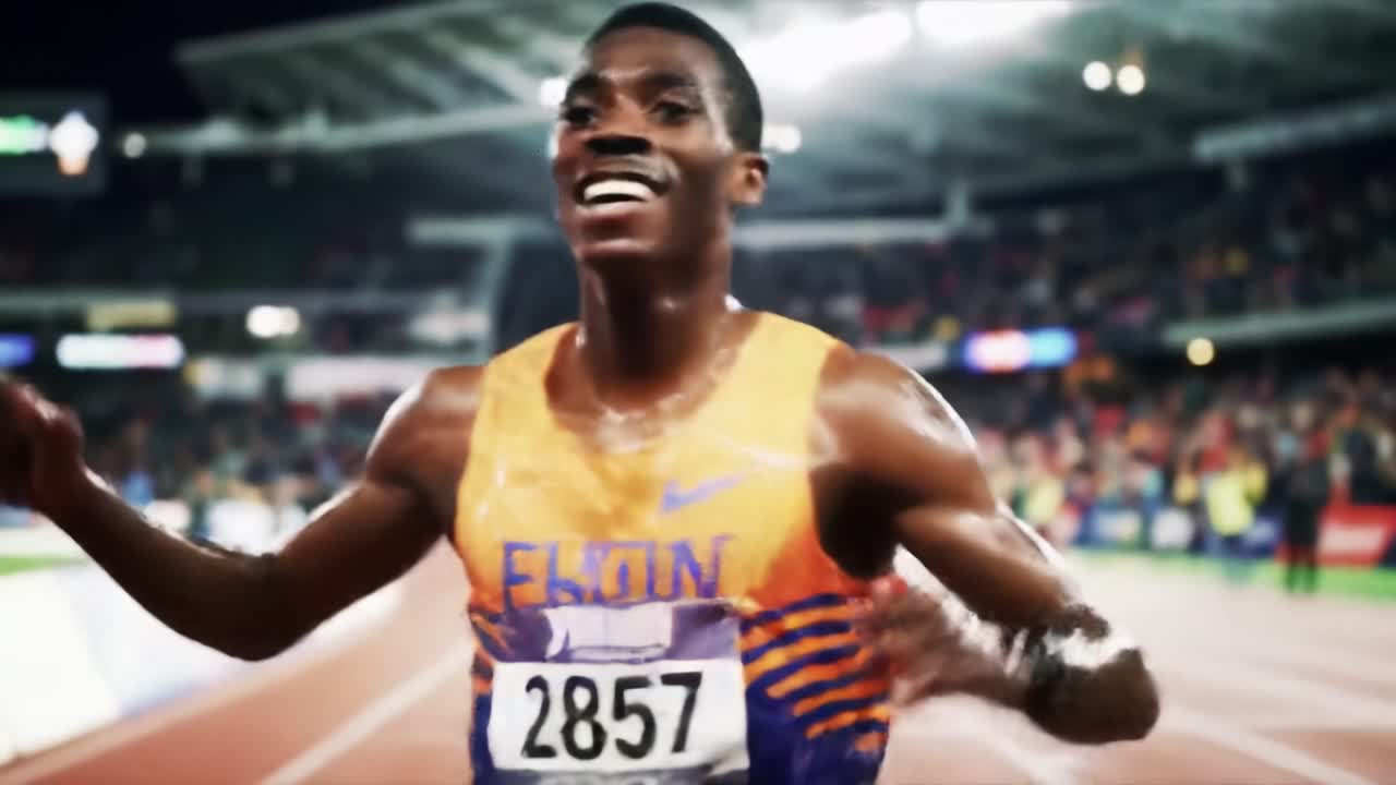 Energized Athlete Celebrates Triumph After a Fierce Sprint Competition Amidst a Crowded Stadium Under Bright Lights