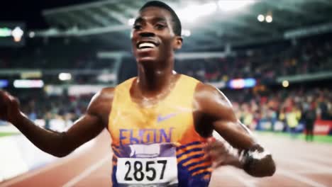 energized athlete celebrates triumph after a fierce sprint competition amidst a crowded stadium under bright lights