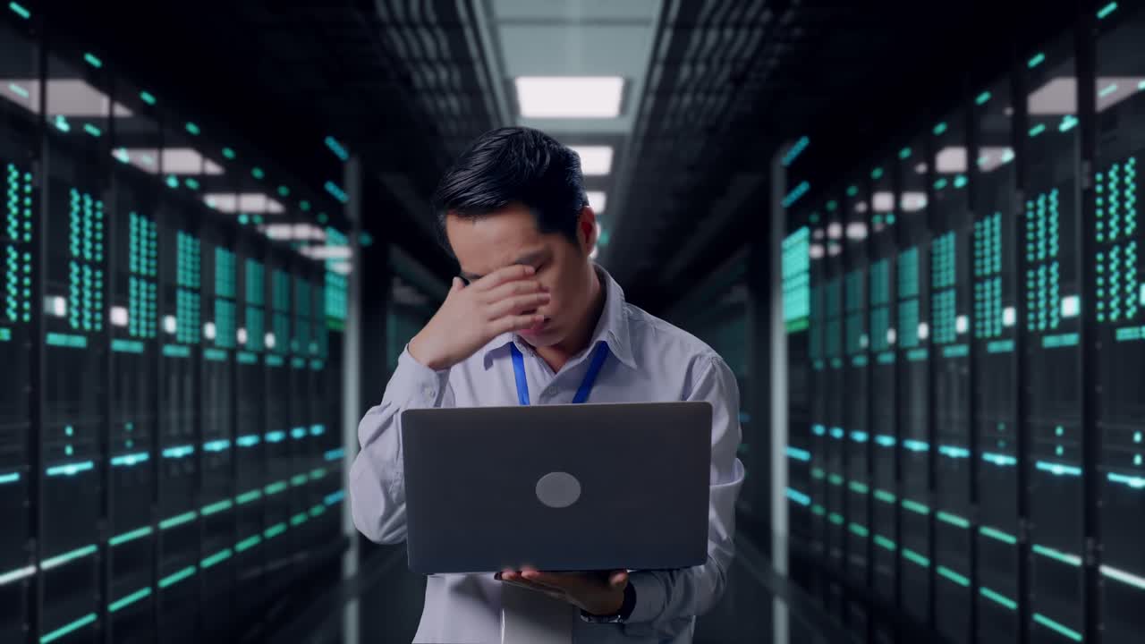 Asian Male Professional Worker Standing With His Laptop in Server Room Data Center, He Is Nodding His Head With Dissapionted