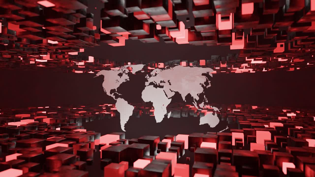 Digital world map surrounded by floating red 3D cubes in virtual space. Futuristic abstract illustration. Global data network and technology concept, poster, header