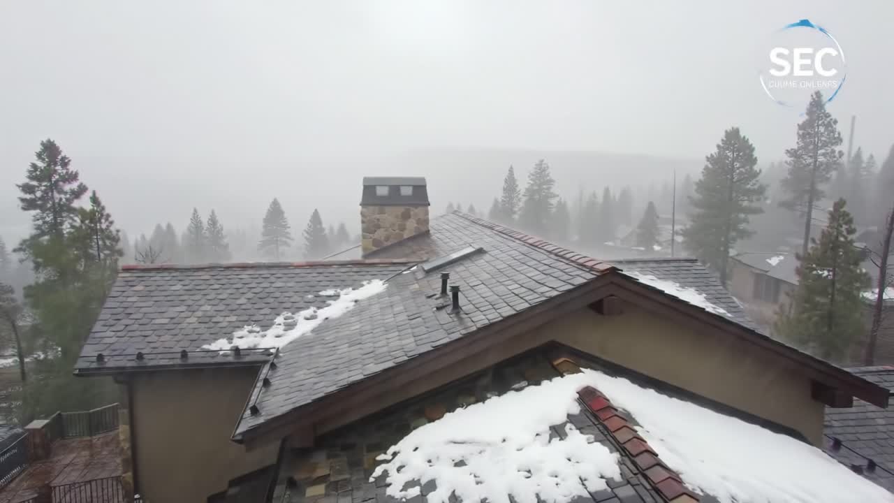 Heavy snow blankets rooftops in a mountain town as strong winds whip through the area. Visibility is low, creating a wintry landscape, perfect for seasonal activities.