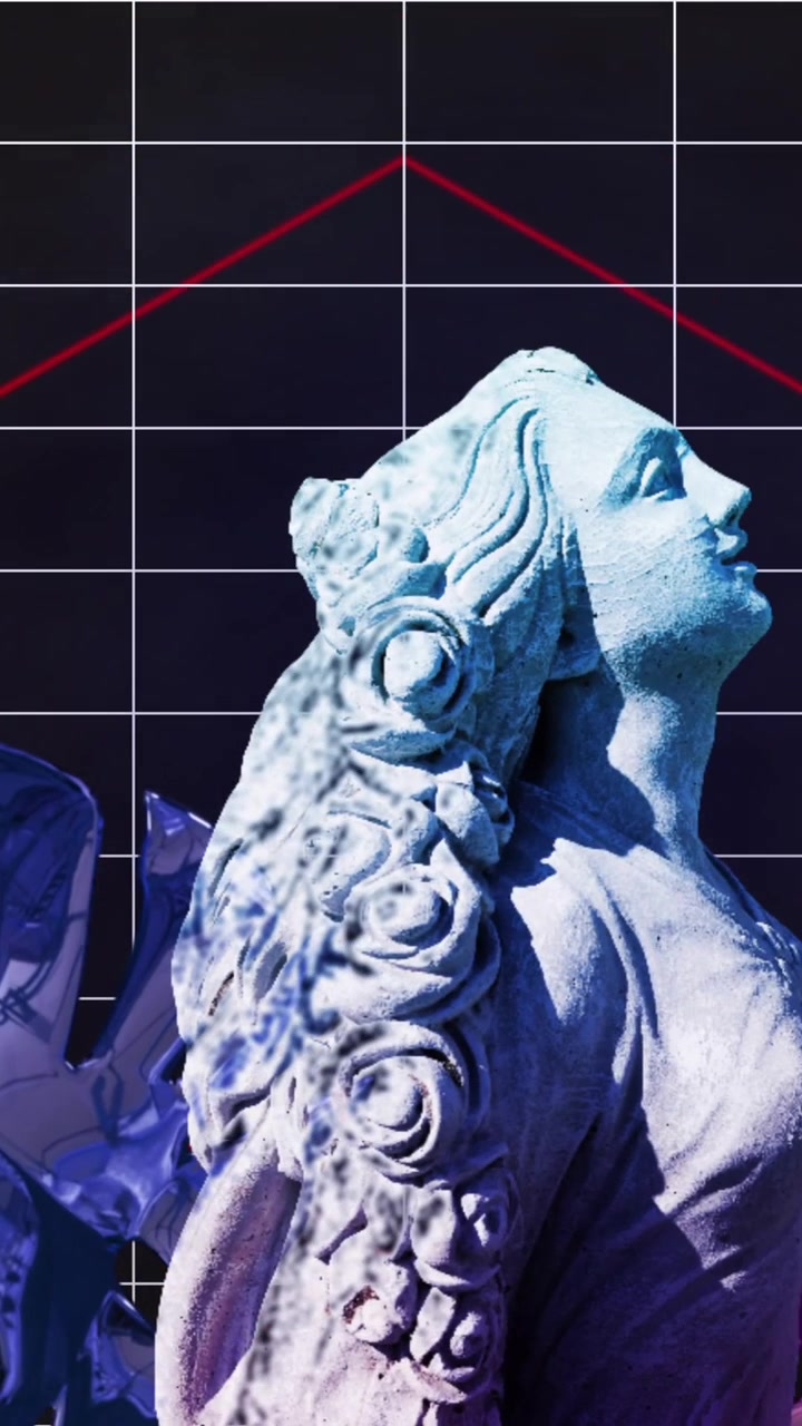 Statua con effetto glitch e foglie colorate su un'animazione a griglia geometrica