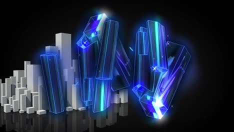 animation of blue crystals over cityscape