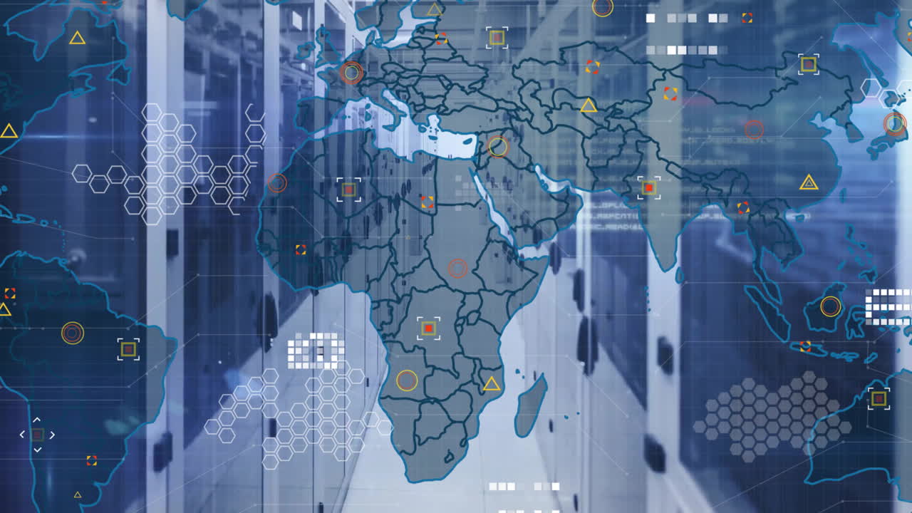 Animation of data processing and world map over computer servers