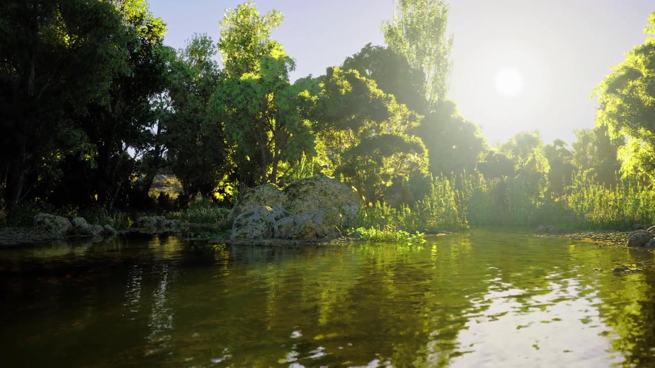Bright sunlight dances over tranquil river amid flourishing trees