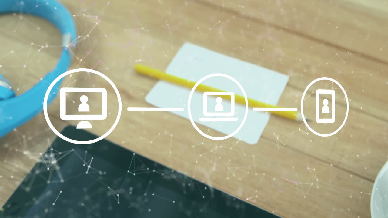 animación de diagrama de flujo de iconos y puntos conectados sobre auriculares, tableta digital, lápiz y papel