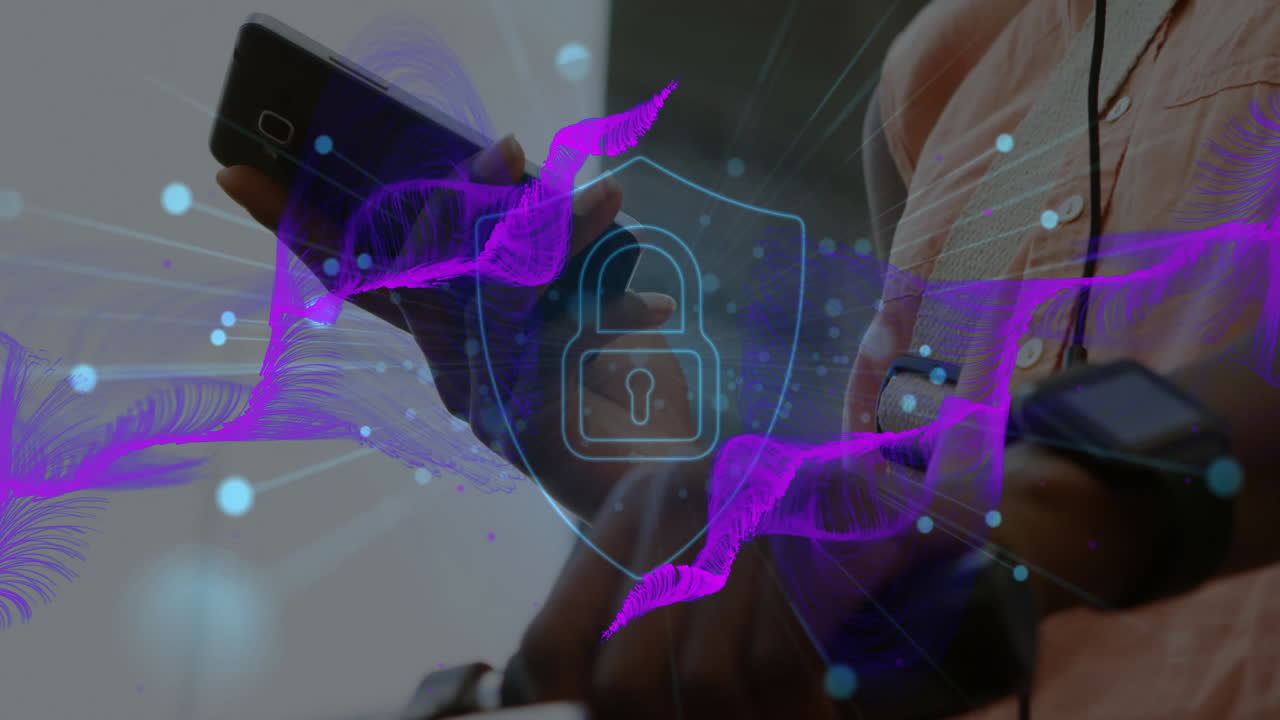 Unlocking smartphone with fingerprint, security animation over purple digital waves