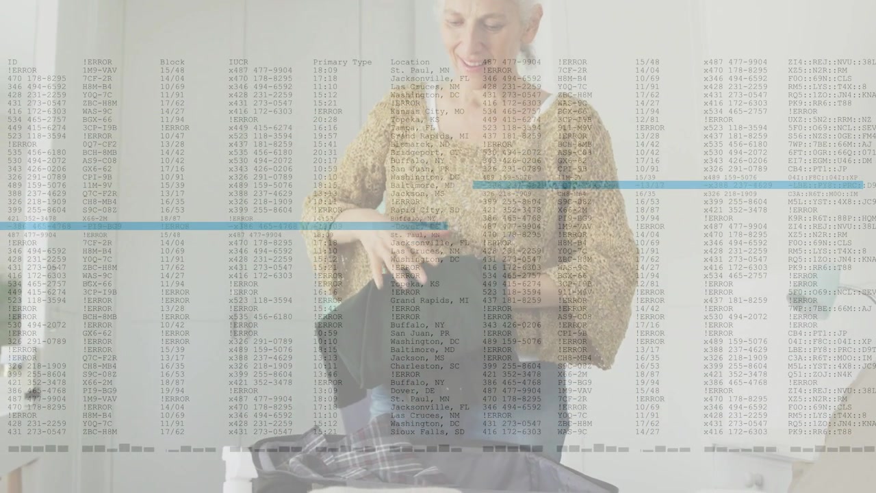 Senior woman packing suitcase for travel lifting and smoothing garment while blue bars passing over