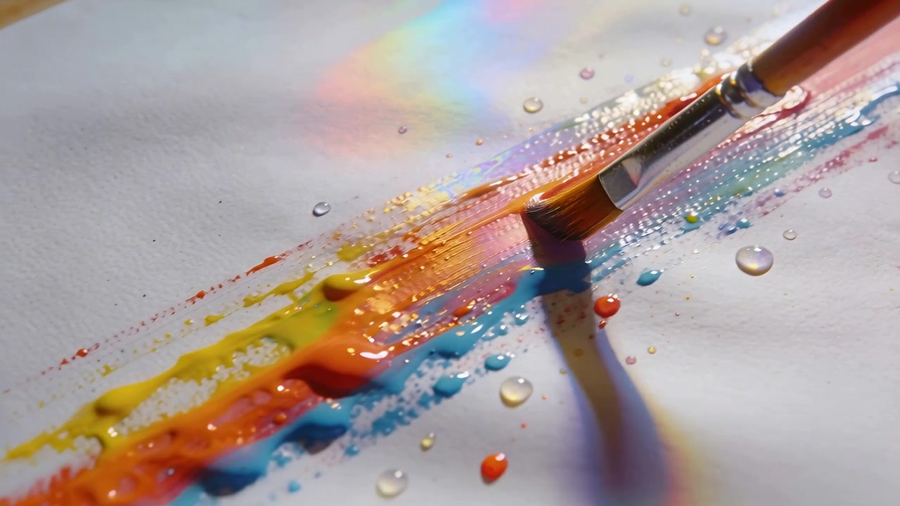Pennello a lingua di gatto che tocca le gocce, sfumando colori arcobaleno in una striscia su carta bianca, con luce prismatica.