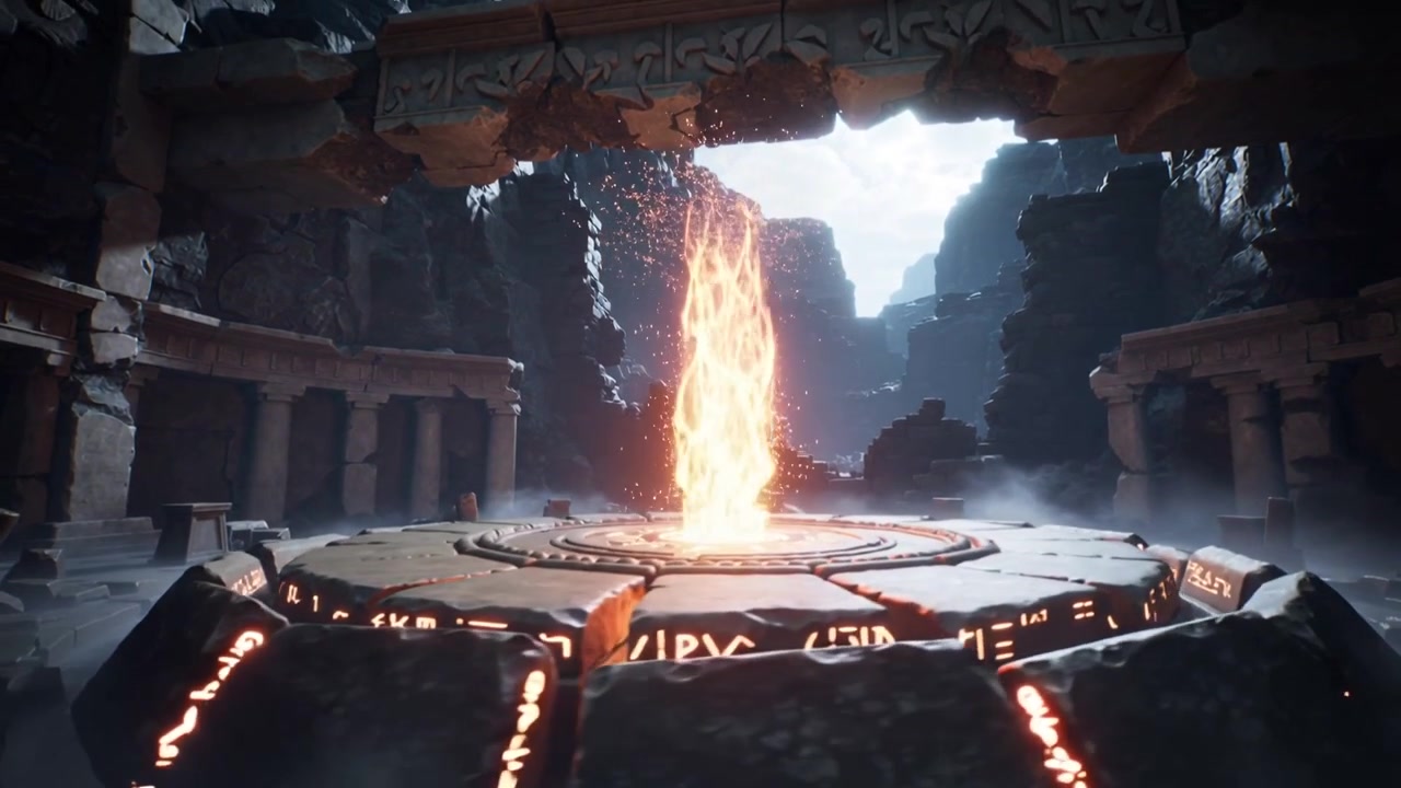 Fuoco magico che erutta da un antico altare di pietra in un tempio in rovina
