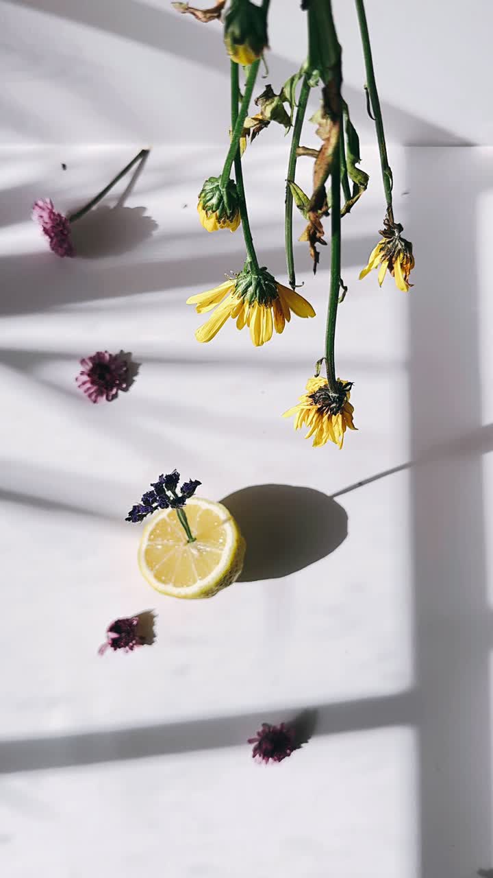 vida muerta con flores y limón