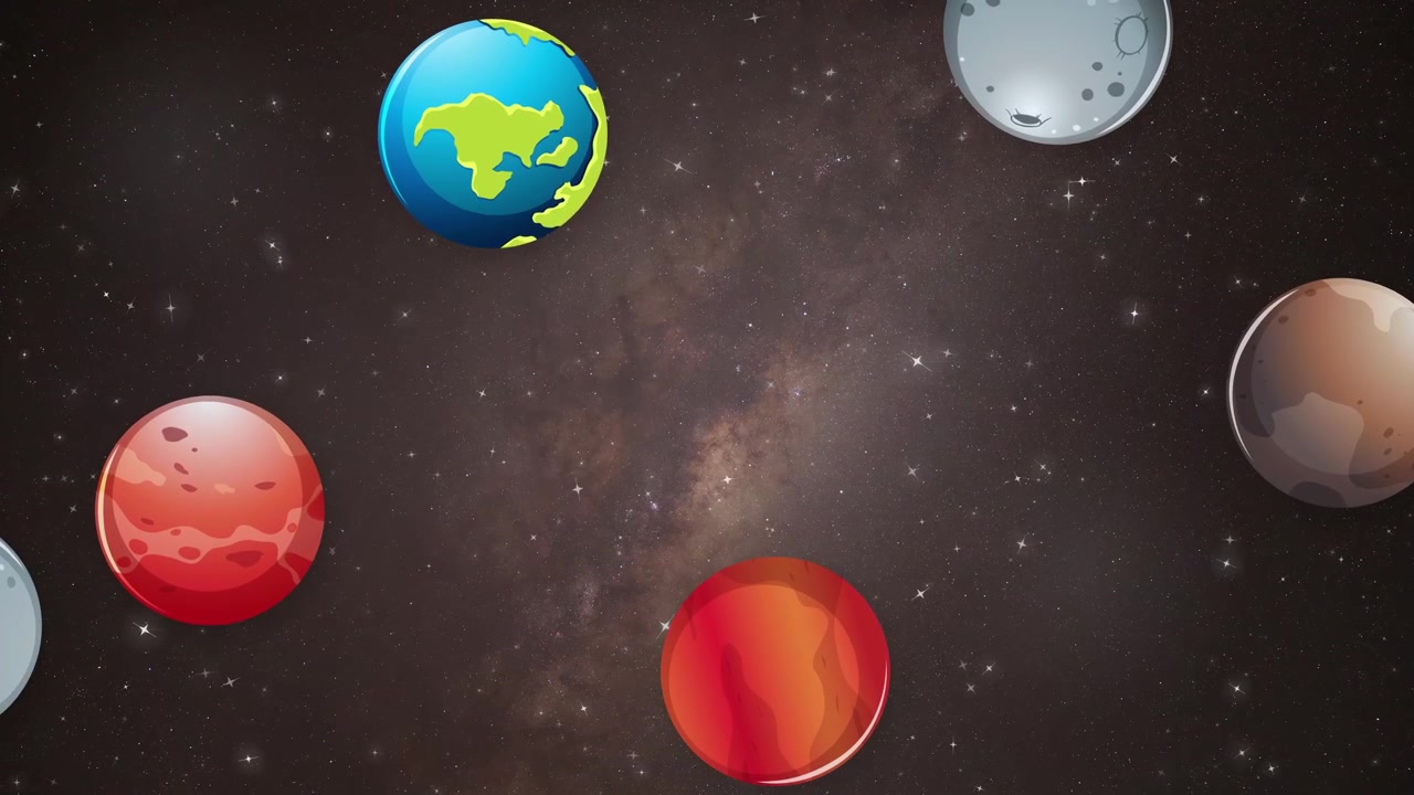 Stylized colorful planets drift slowly across a dark galaxy background with twinkling stars.