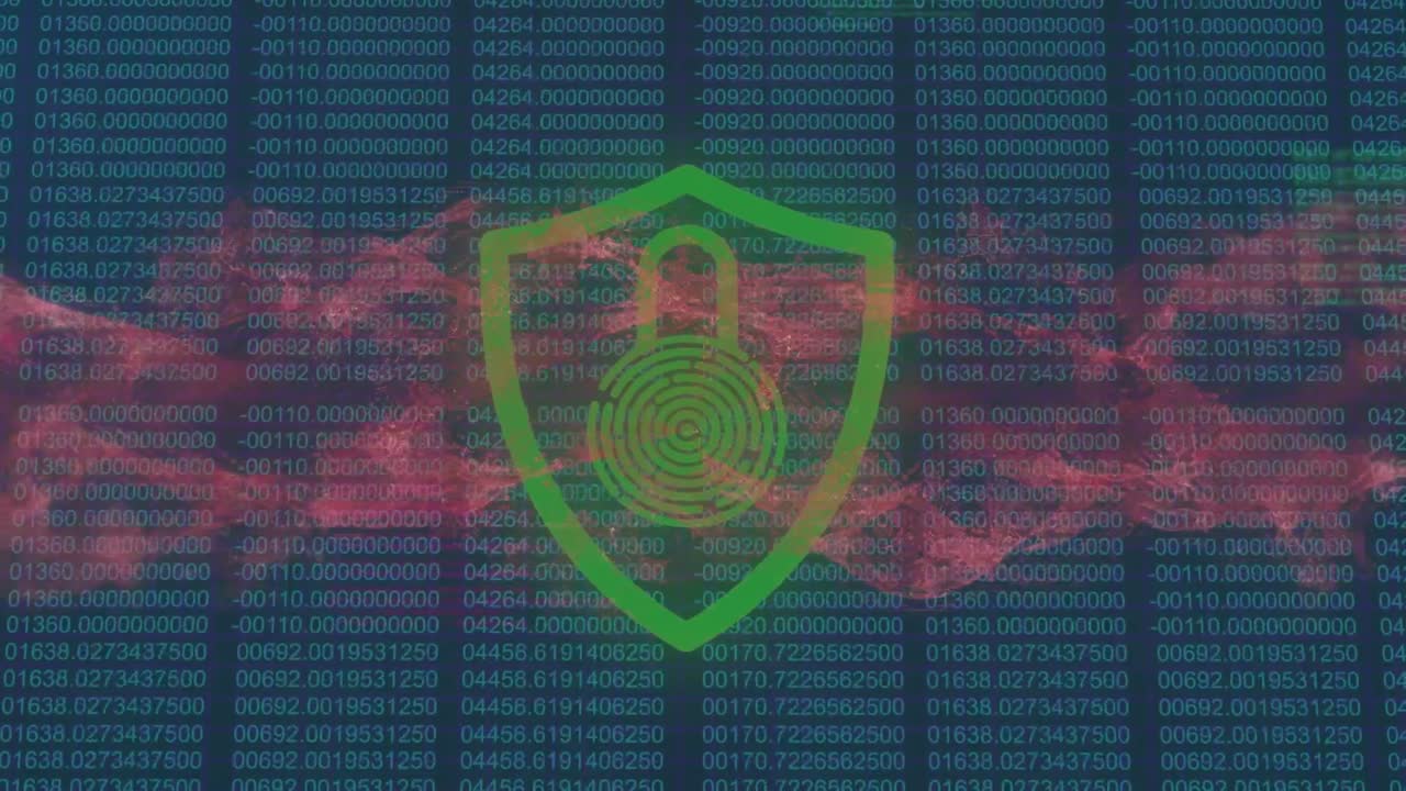 animación del candado con huella digital biométrica, conexiones y procesamiento de datos