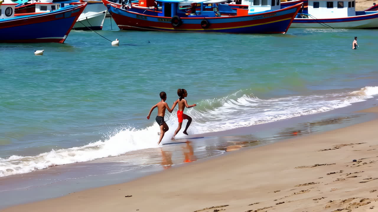 Kids Playing on the Beach with Colorful Boats in the Background