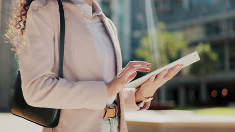 tablet, outdoor city and woman hands typing