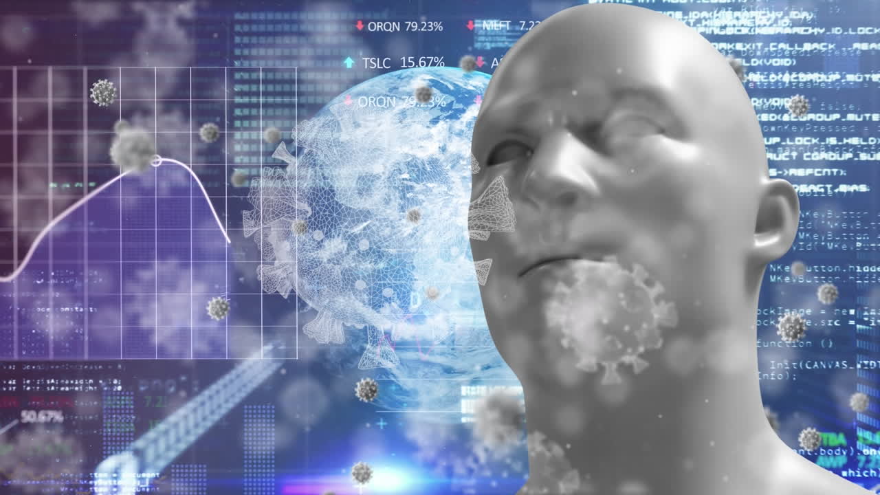 animación de las células del virus covid 19 y procesamiento digital de datos en el fondo gris