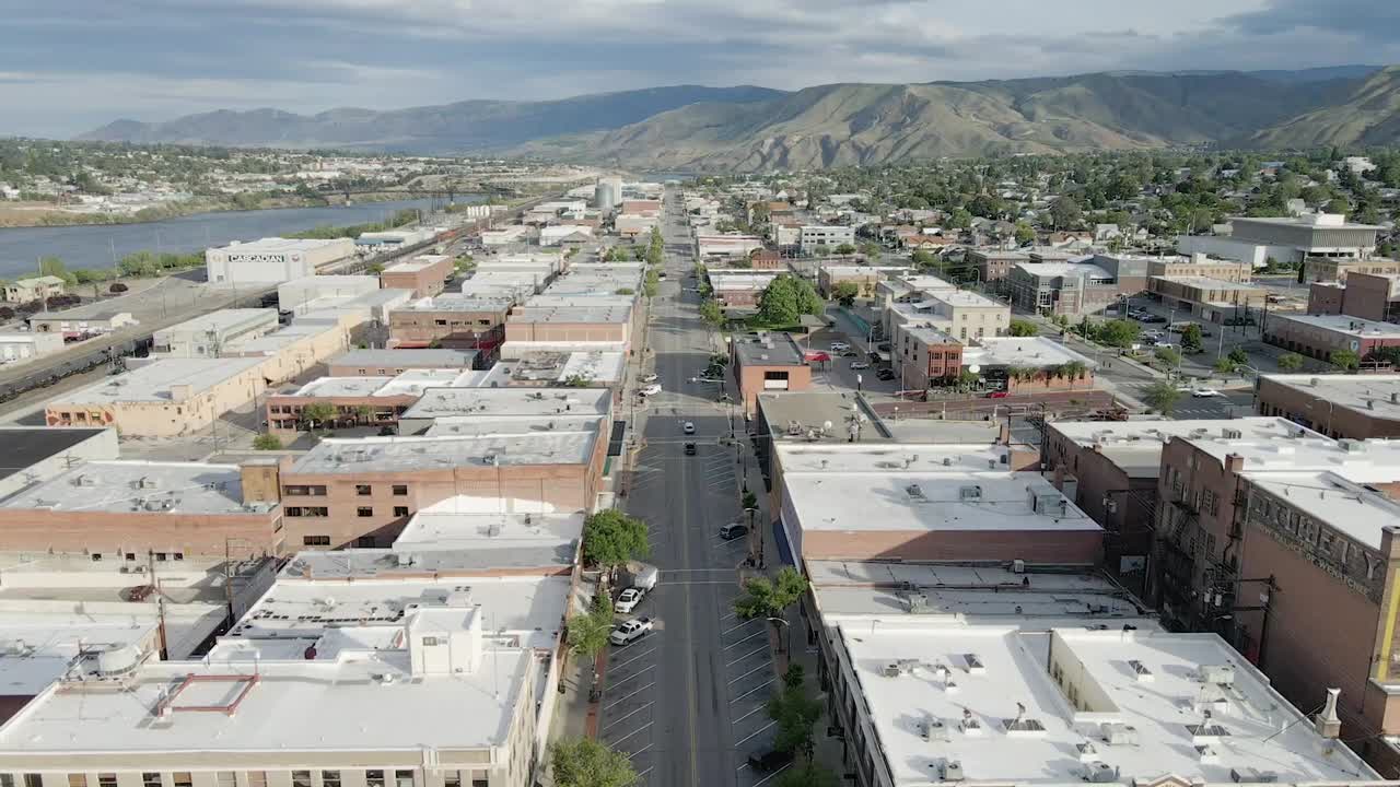 Drone shot on a sunny day above downtown Wenatchee, WA USA