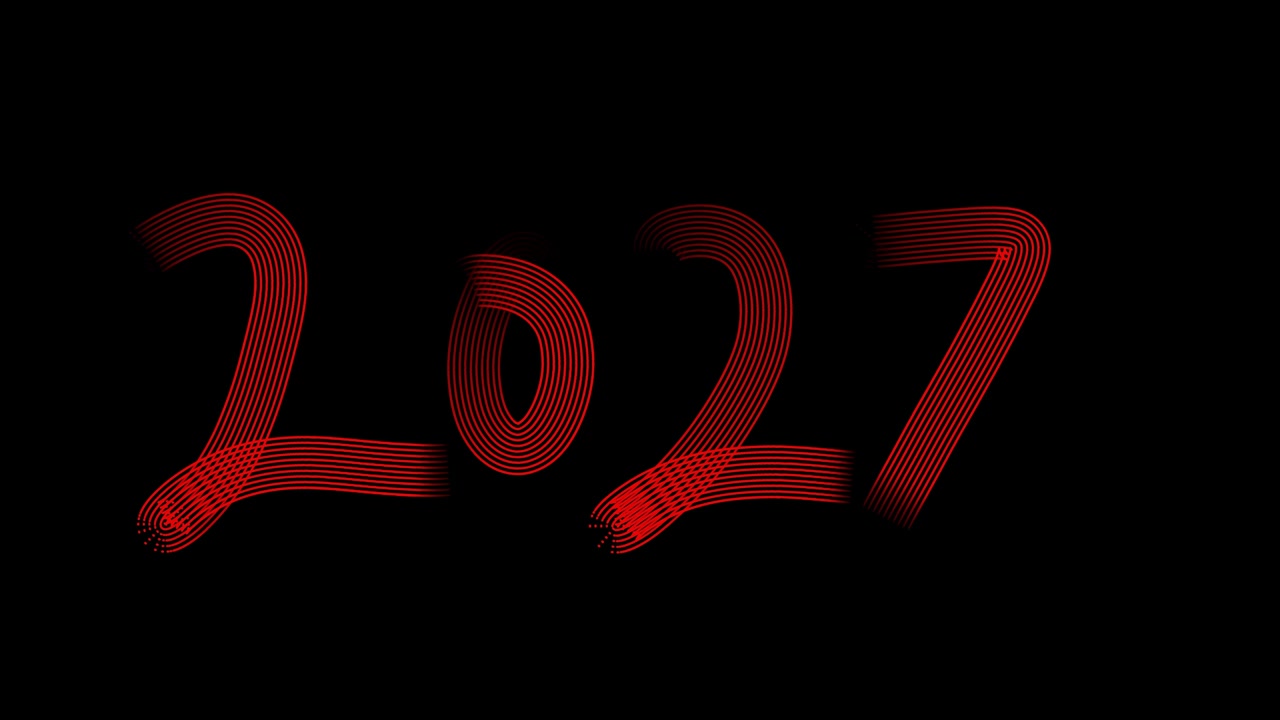 Testo animato "2027" rosso su sfondo nero