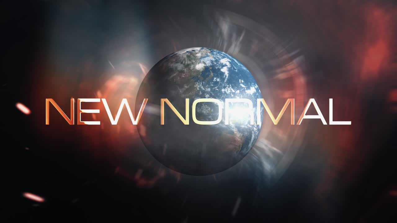 новый нормальный кинематографический цикл заголовок трейлер фоновая концепция 4k 3d бесшовный цикл новый нормальный творческий футуристический дизайн с облаком дыма и частицами пыли с земной вращающейся анимацией и золотым текстом.