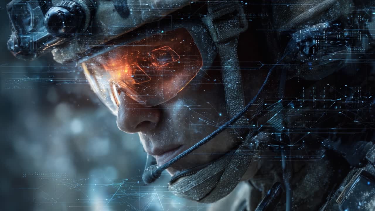 A Close-Up View of a Soldier's Focused Expression Amidst a High-Tech Environment, Showcasing Advanced Gear and Futuristic Visuals That Enhance Tactical Operations