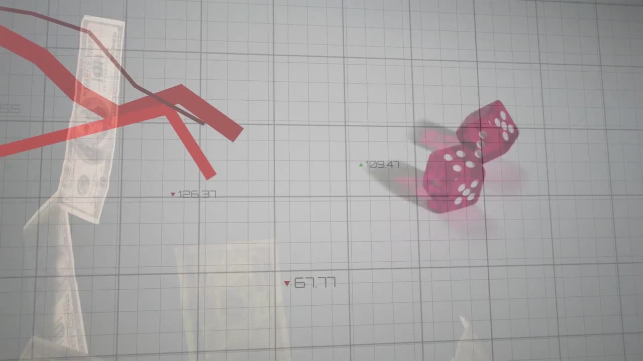 은행권과 주사위에 대한 데이터 처리의 애니메이션