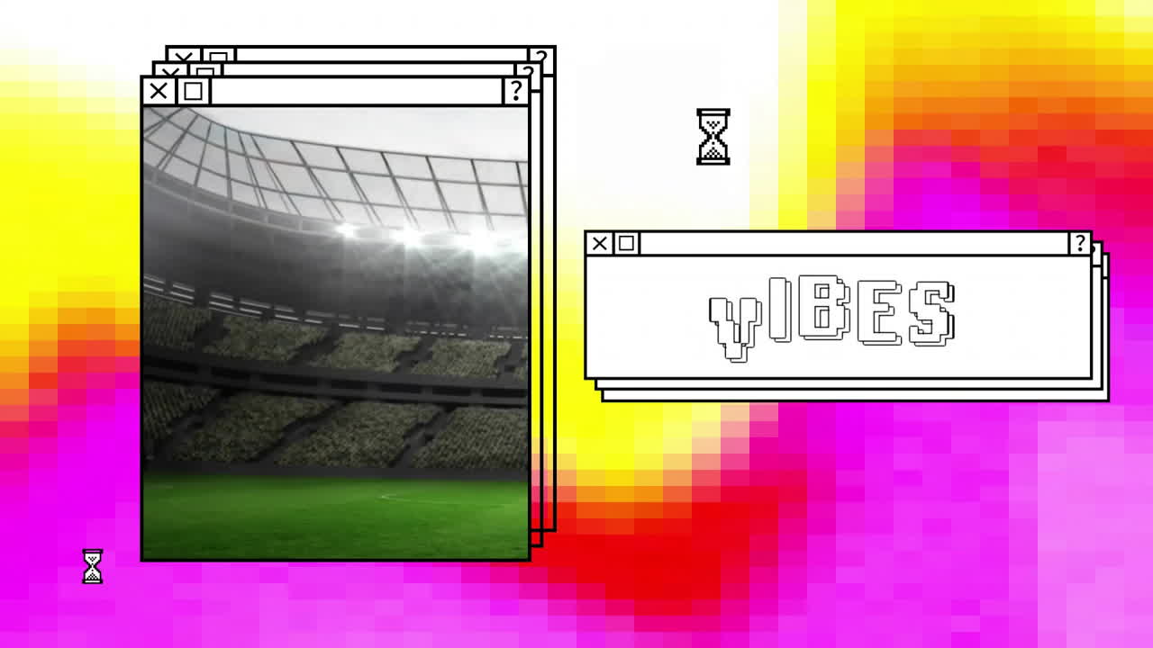 Animation of VIBES text with hourglass icon in colorful stadium interior