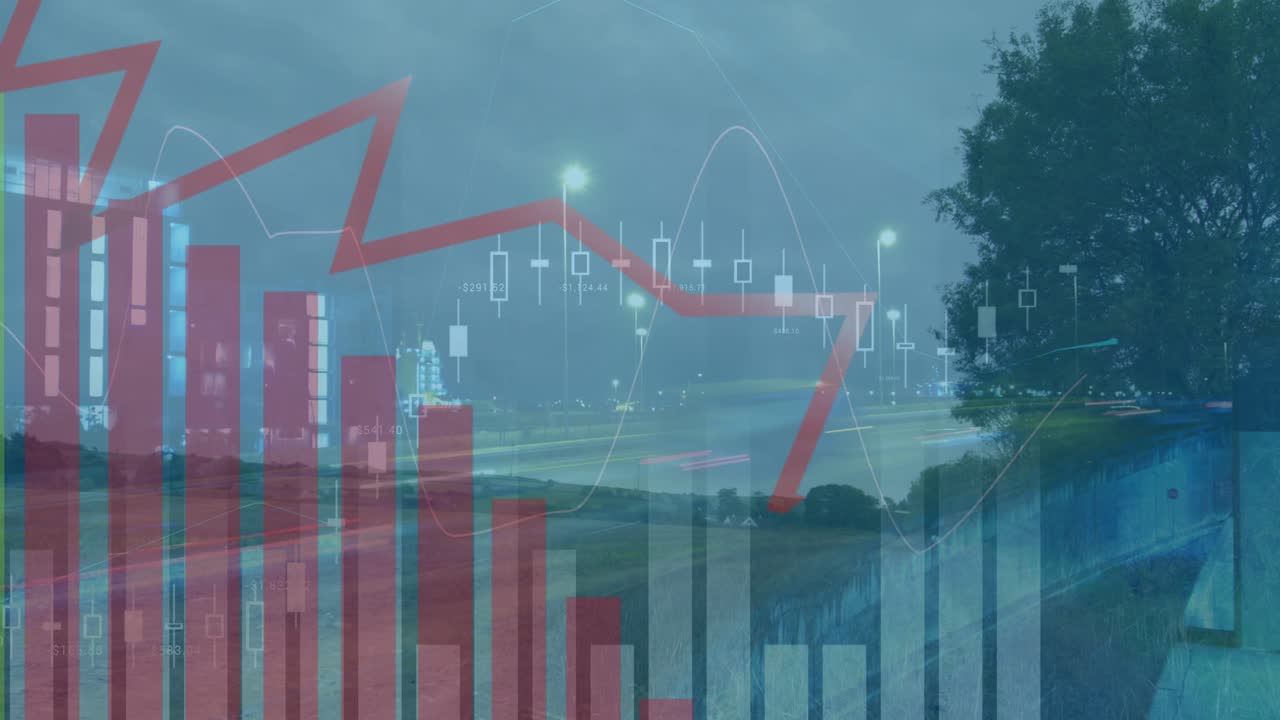 Animation of data processing over cityscape