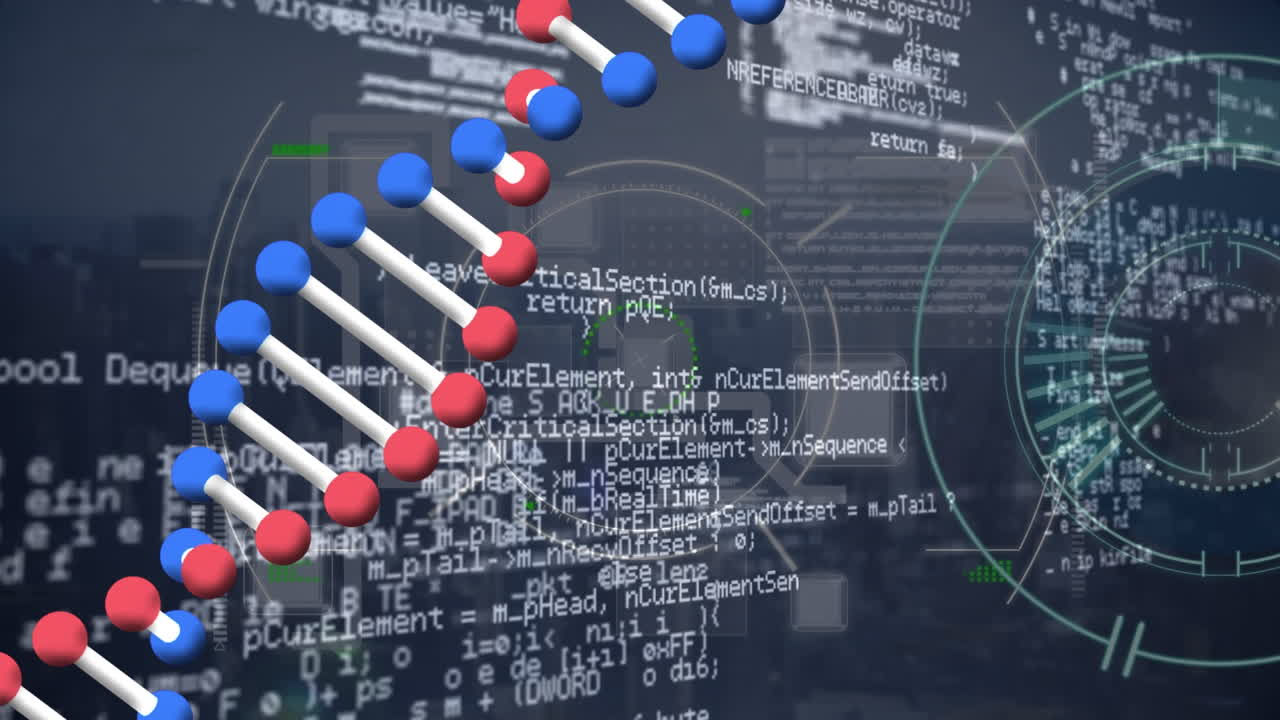 animación de la estructura del adn girando y escaneando el alcance sobre el procesamiento de datos contra un fondo gris