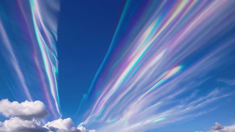 vibrant iridescent clouds streaking across a blue sky
