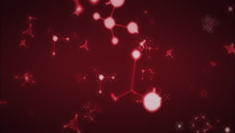 las moléculas rojas brillantes en 3d se animan en un bucle en un fondo rojo para la ciencia.