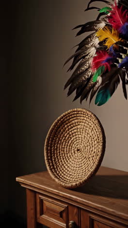 Colorful Feather Headpiece and Woven Basket Decor