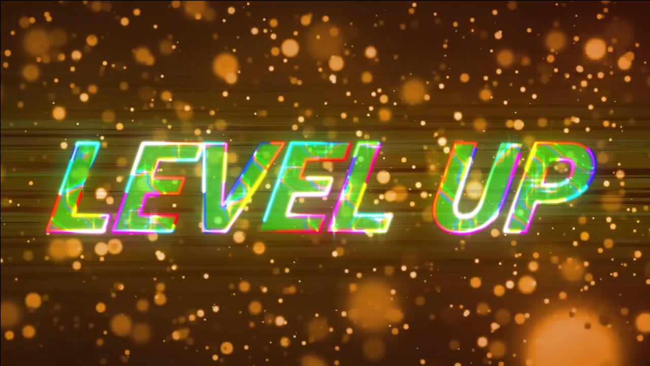 스포트 라이트 배경 위에 반이는 레벨 업 텍스트의 애니메이션