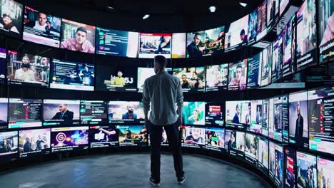 immersive experience in a multimedia environment where a man explores a wide array of videos and social media content displayed on a large curved video wall