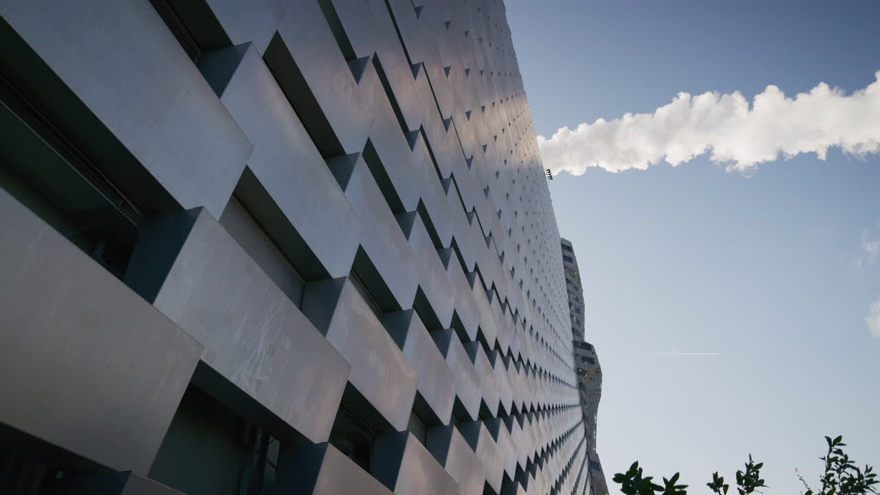 Detail view of the Copenhill artificial ski slope on the roof of an energy plant in Copenhagen, Denmark