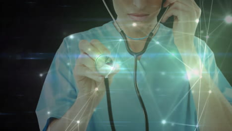 using stethoscope, healthcare professional viewing digital animation in hospital setting