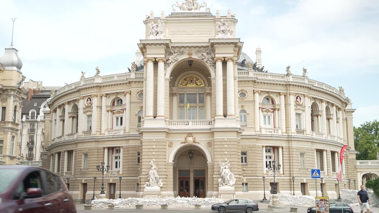 Odessa National Academic Opera and Ballet Theater during wartime front facade.