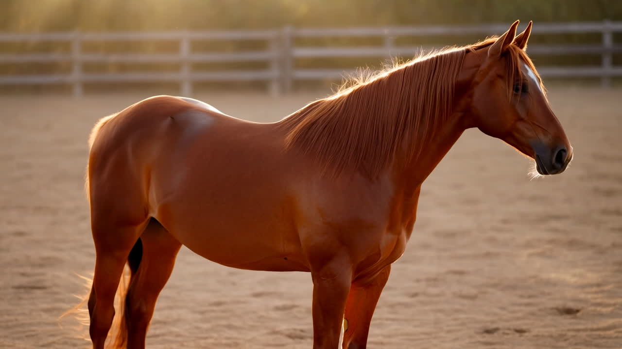 Cheval alezan dans un enclos ensoleillé, contre-jour doré sur la crinière et la queue, arène de ranch paisible avec une légère poussière, ambiance chaleureuse