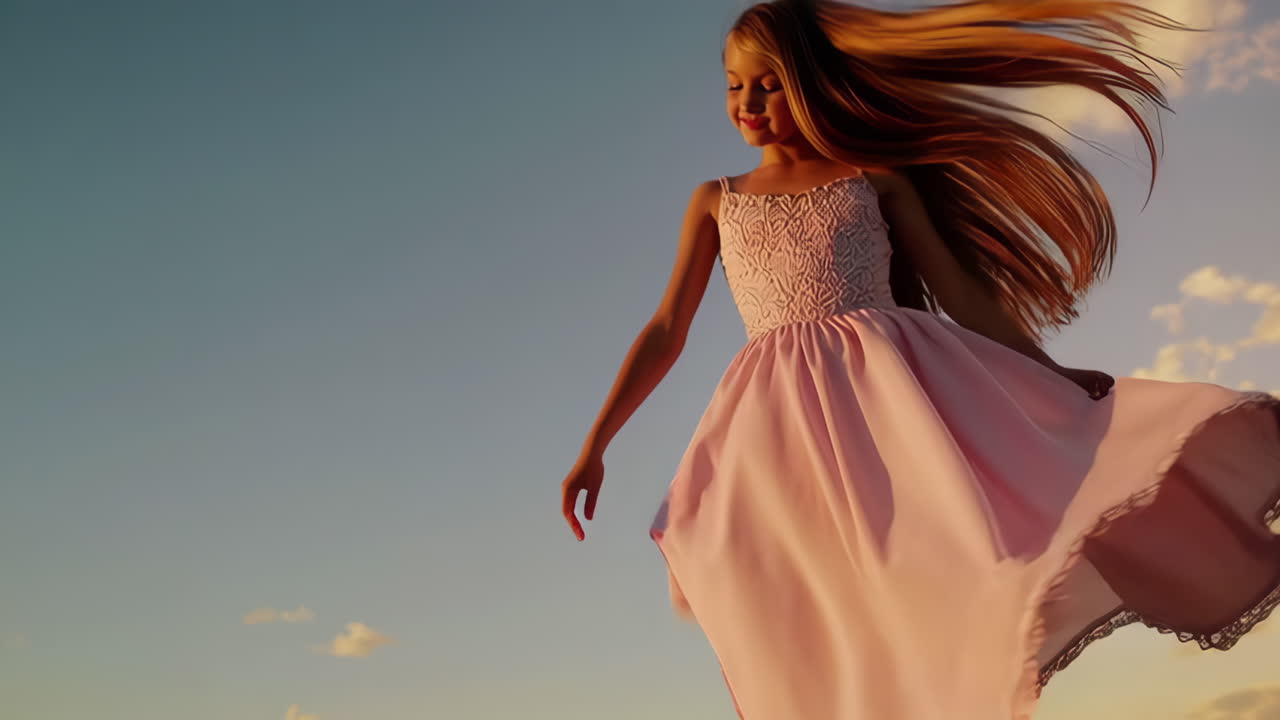 Woman in pink dress with sky and cloud background