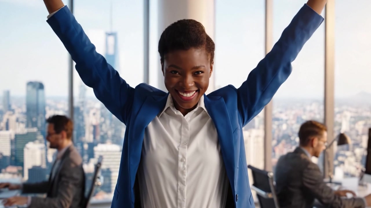 Confident Businesswoman Smiling in Modern Office with Urban Skyline Views, Showcasing Professionalism and Success in a Corporate Environment