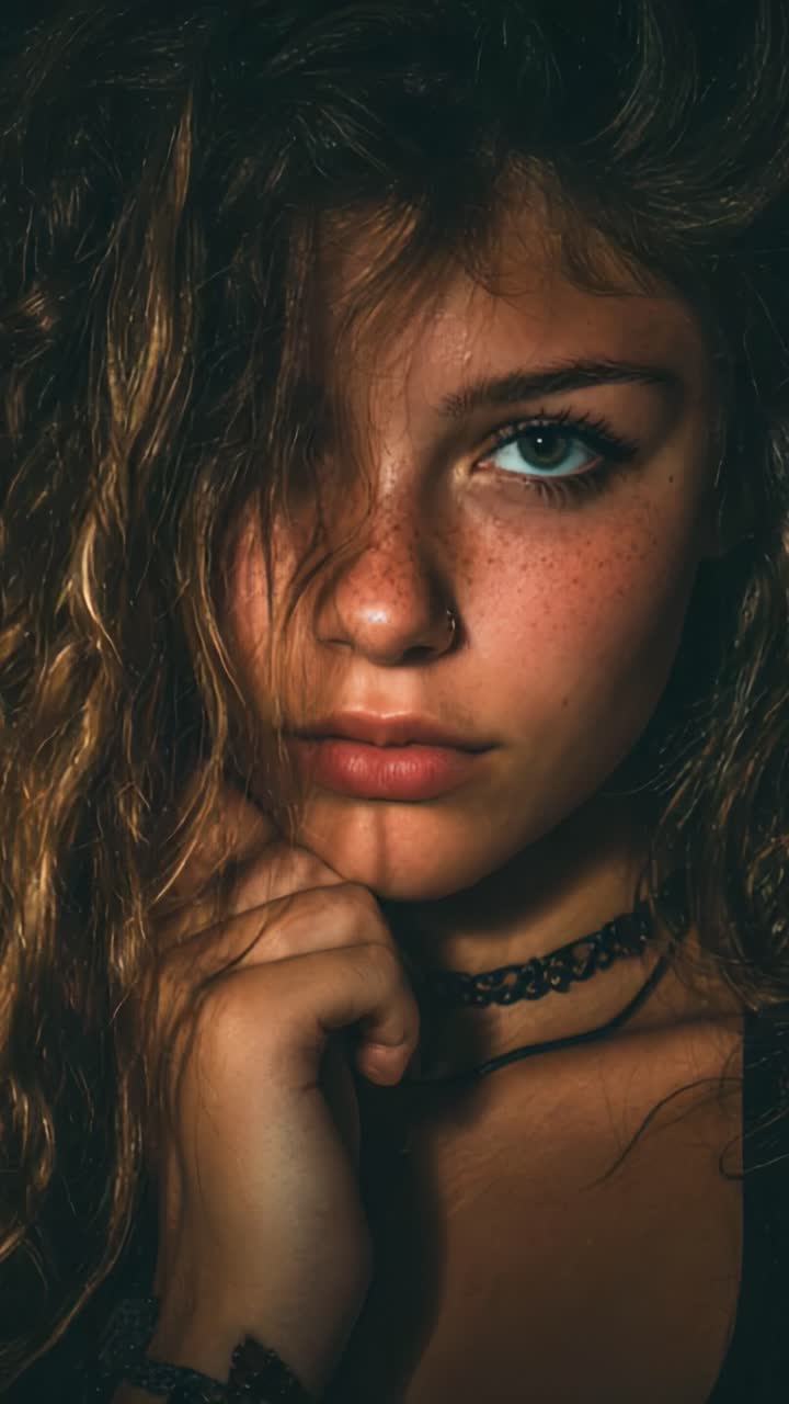 Un intenso ritratto di una giovane donna con delle bellissime lentiggini e capelli ricci, che cattura un'espressione coinvolgente in una luce soffusa e una posa elegante