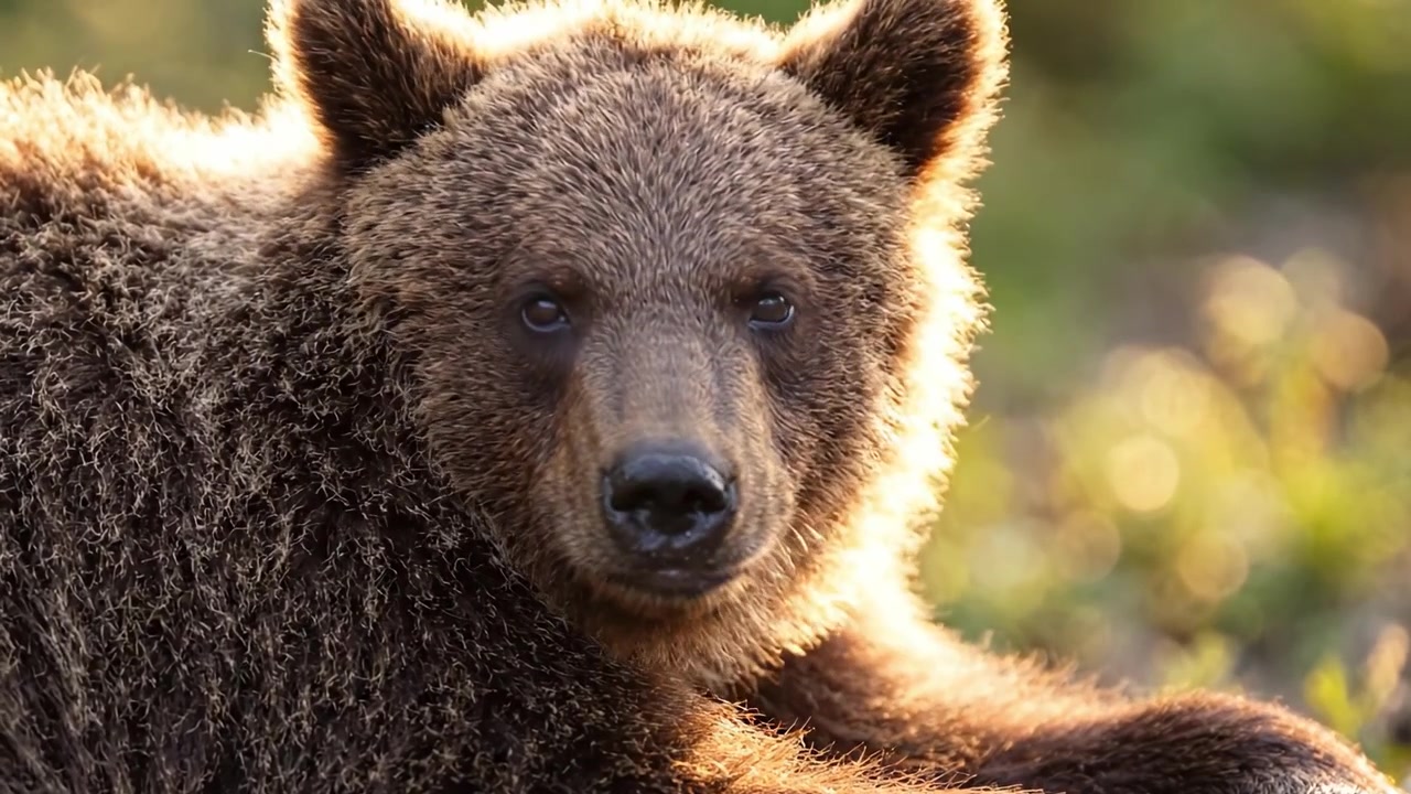 Primo piano di un orso grizzly in un ambiente naturale sereno, che cattura la bellezza e i dettagli della sua pelliccia e delle sue caratteristiche in luce dorata.