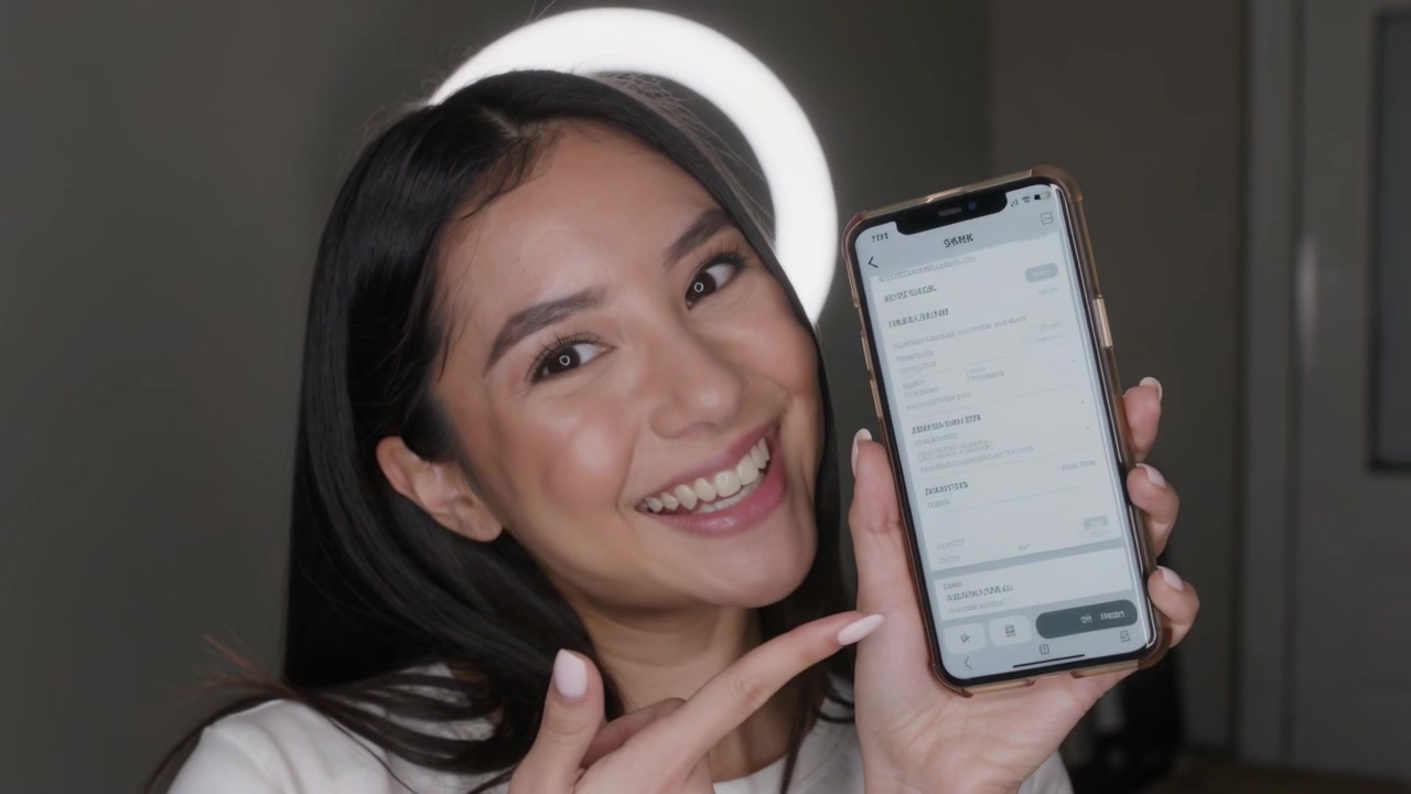 Donna sorridente che tiene il telefono, indica e fa il pollice in su in uno studio casalingo, con la luce ad anello che si accende.