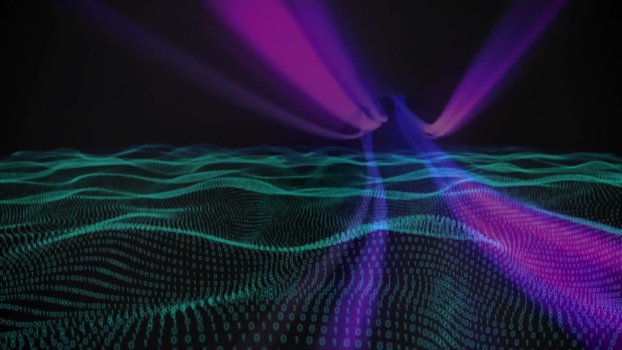 Digital binary grid waves undulating while sending rising purple light beams in stylized 3D render